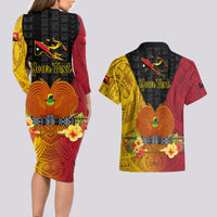 Personalized Papua New Guinea Independence Day Couples Matching Long Sleeve Bodycon Dress and Hawaiian Shirt Bird Of Paradise With Polynesian Pattern LT05 - Polynesian Pride