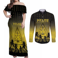 Personalised Palau Independence Day Couples Matching Off Shoulder Maxi Dress and Long Sleeve Button Shirt Palauan Tattoo Pattern LT05 Black - Polynesian Pride