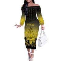 Personalised Palau Independence Day Family Matching Off The Shoulder Long Sleeve Dress and Hawaiian Shirt Palauan Tattoo Pattern LT05 Mom's Dress Black - Polynesian Pride