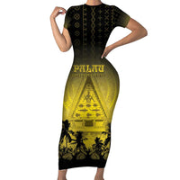 Personalised Palau Independence Day Short Sleeve Bodycon Dress Palauan Tattoo Pattern LT05 Long Dress Black - Polynesian Pride