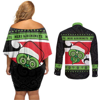 New Zealand Funny Christmas Couples Matching Off Shoulder Short Dress and Long Sleeve Button Shirt Maori Tiki
