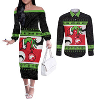 New Zealand Funny Christmas Couples Matching Off The Shoulder Long Sleeve Dress and Long Sleeve Button Shirt Maori Tiki