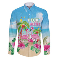 Hawaii Christmas Family Matching Long Sleeve Bodycon Dress and Hawaiian Shirt Deck The Palms Holiday Flamingos LT05 Dad's Shirt - Long Sleeve Blue - Polynesian Pride