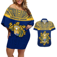 Personalised Repubrikin Naoero Independence Day Couples Matching Off Shoulder Short Dress and Hawaiian Shirt Tamanu With Coat Of Arms LT05 Yellow - Polynesian Pride