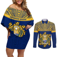 Personalised Repubrikin Naoero Independence Day Couples Matching Off Shoulder Short Dress and Long Sleeve Button Shirt Tamanu With Coat Of Arms LT05 Yellow - Polynesian Pride