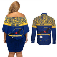 Personalised Repubrikin Naoero Independence Day Couples Matching Off Shoulder Short Dress and Long Sleeve Button Shirt Tamanu With Coat Of Arms LT05 - Polynesian Pride