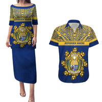 Personalised Repubrikin Naoero Independence Day Couples Matching Puletasi Dress and Hawaiian Shirt Tamanu With Coat Of Arms LT05 Yellow - Polynesian Pride
