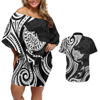 Hawaii Manta Ray Couples Matching Off Shoulder Short Dress and Hawaiian Shirt Polynesian Art Tattoo
