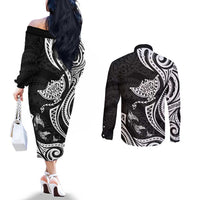 Hawaii Manta Ray Couples Matching Off The Shoulder Long Sleeve Dress and Long Sleeve Button Shirt Polynesian Art Tattoo