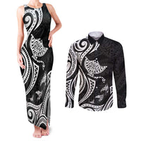 Hawaii Manta Ray Couples Matching Tank Maxi Dress and Long Sleeve Button Shirt Polynesian Art Tattoo