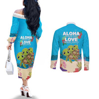 Ohana Hawaii Couples Matching Off The Shoulder Long Sleeve Dress and Long Sleeve Button Shirt Kawaii Family Turtle