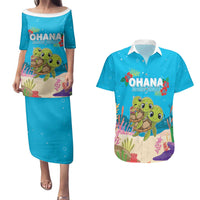 Ohana Hawaii Couples Matching Puletasi and Hawaiian Shirt Kawaii Family Turtle