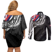 Hawaii King Flag Couples Matching Off Shoulder Short Dress and Long Sleeve Button Shirt Hawaiian Maile Lei LT05 - Polynesian Pride