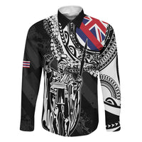 Hawaii King Flag Family Matching Off Shoulder Maxi Dress and Hawaiian Shirt Hawaiian Maile Lei LT05 Dad's Shirt - Long Sleeve Black - Polynesian Pride