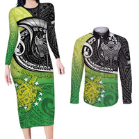 Personalised New Zealand Cook Islands Couples Matching Long Sleeve Bodycon Dress and Long Sleeve Button Shirt Maori Tiki With Circle Stars Turtle LT05 Multicolor - Polynesian Pride