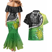 Personalised New Zealand Cook Islands Couples Matching Mermaid Dress and Hawaiian Shirt Maori Tiki With Circle Stars Turtle LT05 - Polynesian Pride