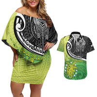 Personalised New Zealand Cook Islands Couples Matching Off Shoulder Short Dress and Hawaiian Shirt Maori Tiki With Circle Stars Turtle LT05 Multicolor - Polynesian Pride