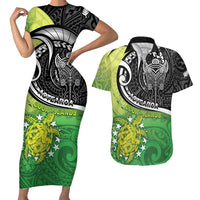 Personalised New Zealand Cook Islands Couples Matching Short Sleeve Bodycon Dress and Hawaiian Shirt Maori Tiki With Circle Stars Turtle LT05 Multicolor - Polynesian Pride