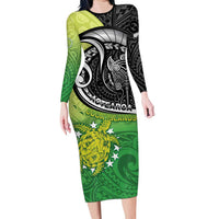 Personalised New Zealand Cook Islands Family Matching Long Sleeve Bodycon Dress and Hawaiian Shirt Maori Tiki With Circle Stars Turtle LT05 Mom's Dress Multicolor - Polynesian Pride