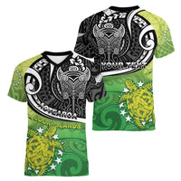 Personalised New Zealand Cook Islands Women V-Neck T-Shirt Maori Tiki With Circle Stars Turtle LT05 - Polynesian Pride