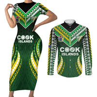 Custom Cook Islands Rugby Couples Matching Short Sleeve Bodycon Dress and Long Sleeve Button Shirt Unique Style Green Version - Polynesian Pride