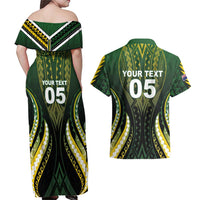 Custom Cook Islands Rugby Couples Matching Off Shoulder Maxi Dress and Hawaiian Shirt Unique Style Black Version - Polynesian Pride