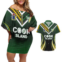 Custom Cook Islands Rugby Couples Matching Off Shoulder Short Dress and Hawaiian Shirt Unique Style Black Version - Polynesian Pride