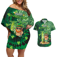 Personalised Hawaii St.Patrick Day Couples Matching Off Shoulder Short Dress and Hawaiian Shirt Surfing Leprechaun LT05 Green - Polynesian Pride