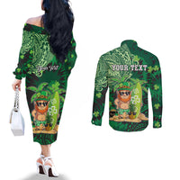 Personalised Hawaii St.Patrick Day Couples Matching Off The Shoulder Long Sleeve Dress and Long Sleeve Button Shirt Surfing Leprechaun LT05 - Polynesian Pride