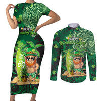 Personalised Hawaii St.Patrick Day Couples Matching Short Sleeve Bodycon Dress and Long Sleeve Button Shirt Surfing Leprechaun LT05 Green - Polynesian Pride