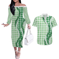 Green Hawaii Palaka Couples Matching Off The Shoulder Long Sleeve Dress and Hawaiian Shirt Hawaiian Honohono Lei LT05 Green - Polynesian Pride