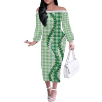 Green Hawaii Palaka Family Matching Off The Shoulder Long Sleeve Dress and Hawaiian Shirt Hawaiian Honohono Lei LT05 Mom's Dress Green - Polynesian Pride