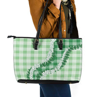 Green Hawaii Palaka Leather Tote Bag Hawaiian Honohono Lei