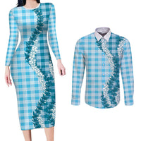 Blue Hawaii Palaka Couples Matching Long Sleeve Bodycon Dress and Long Sleeve Button Shirt Hawaiian Honohono Lei LT05 Blue - Polynesian Pride