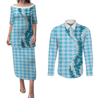 Blue Hawaii Palaka Couples Matching Puletasi and Long Sleeve Button Shirt Hawaiian Honohono Lei