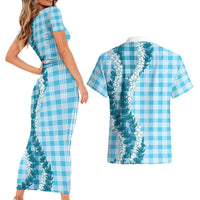 Blue Hawaii Palaka Couples Matching Short Sleeve Bodycon Dress and Hawaiian Shirt Hawaiian Honohono Lei LT05 - Polynesian Pride