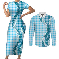Blue Hawaii Palaka Couples Matching Short Sleeve Bodycon Dress and Long Sleeve Button Shirt Hawaiian Honohono Lei LT05 Blue - Polynesian Pride