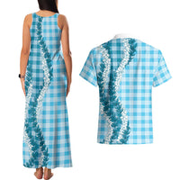 Blue Hawaii Palaka Couples Matching Tank Maxi Dress and Hawaiian Shirt Hawaiian Honohono Lei LT05 - Polynesian Pride