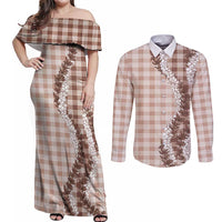 Beige Hawaii Palaka Couples Matching Off Shoulder Maxi Dress and Long Sleeve Button Shirt Hawaiian Honohono Lei