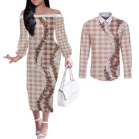 Beige Hawaii Palaka Couples Matching Off The Shoulder Long Sleeve Dress and Long Sleeve Button Shirt Hawaiian Honohono Lei LT05 Beige - Polynesian Pride