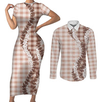 Beige Hawaii Palaka Couples Matching Short Sleeve Bodycon Dress and Long Sleeve Button Shirt Hawaiian Honohono Lei LT05 Beige - Polynesian Pride