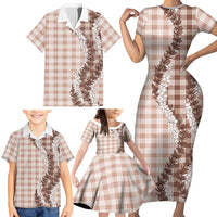 Beige Hawaii Palaka Family Matching Short Sleeve Bodycon Dress and Hawaiian Shirt Hawaiian Honohono Lei LT05 - Polynesian Pride