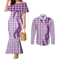 Violet Hawaii Palaka Couples Matching Mermaid Dress and Long Sleeve Button Shirt Hawaiian Honohono Lei