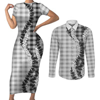 Gray Hawaii Palaka Couples Matching Short Sleeve Bodycon Dress and Long Sleeve Button Shirt Hawaiian Honohono Lei LT05 Gray - Polynesian Pride
