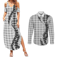 Gray Hawaii Palaka Couples Matching Summer Maxi Dress and Long Sleeve Button Shirt Hawaiian Honohono Lei