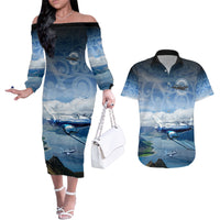 New Zealand Wanaka Air Show Couples Matching Off The Shoulder Long Sleeve Dress and Hawaiian Shirt With Maori Pattern