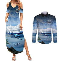 New Zealand Wanaka Air Show Couples Matching Summer Maxi Dress and Long Sleeve Button Shirt With Maori Pattern LT05 Blue - Polynesian Pride