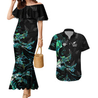 New Zealand Marathon Couples Matching Mermaid Dress and Hawaiian Shirt Silver Fern Paua Shell Simple Style LT05 Black - Polynesian Pride