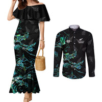 New Zealand Marathon Couples Matching Mermaid Dress and Long Sleeve Button Shirt Silver Fern Paua Shell Simple Style LT05 Black - Polynesian Pride