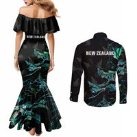 New Zealand Marathon Couples Matching Mermaid Dress and Long Sleeve Button Shirt Silver Fern Paua Shell Simple Style LT05 - Polynesian Pride